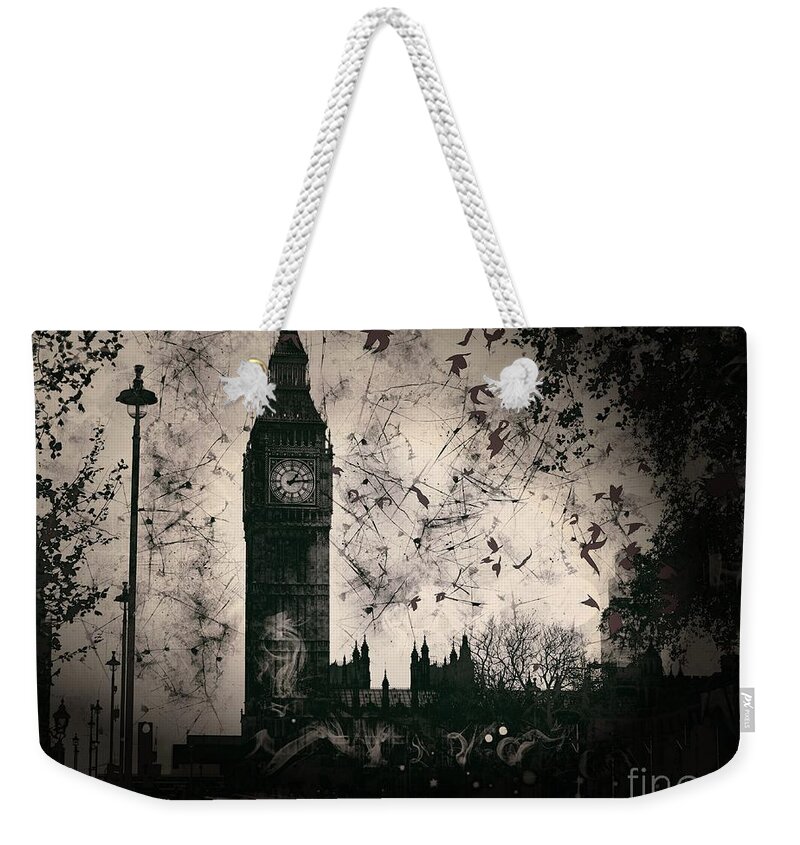 Big Ben Weekender Tote Bag featuring the digital art Big Ben Black and White by Marina McLain