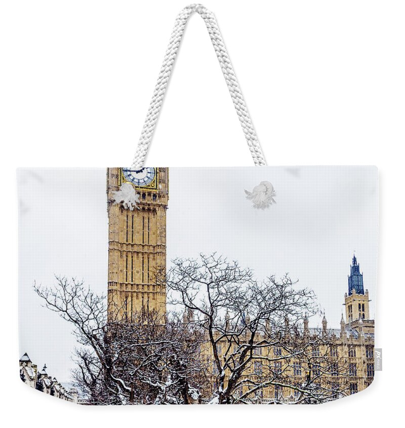 Clock Tower Weekender Tote Bag featuring the photograph Big Ben In Snow, London, Uk by Doug Armand