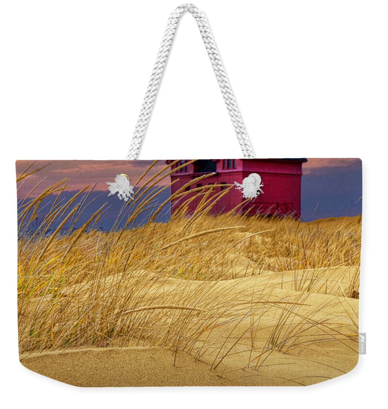 Art Weekender Tote Bag featuring the photograph Big Red Lighthouse by Holland Michigan viewed from the Sand Dune by Randall Nyhof