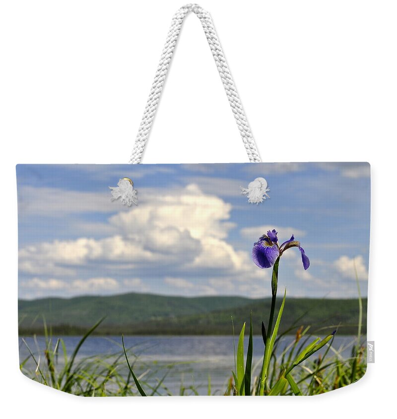 Iris Weekender Tote Bag featuring the photograph Birch Lake Iris by Cathy Mahnke