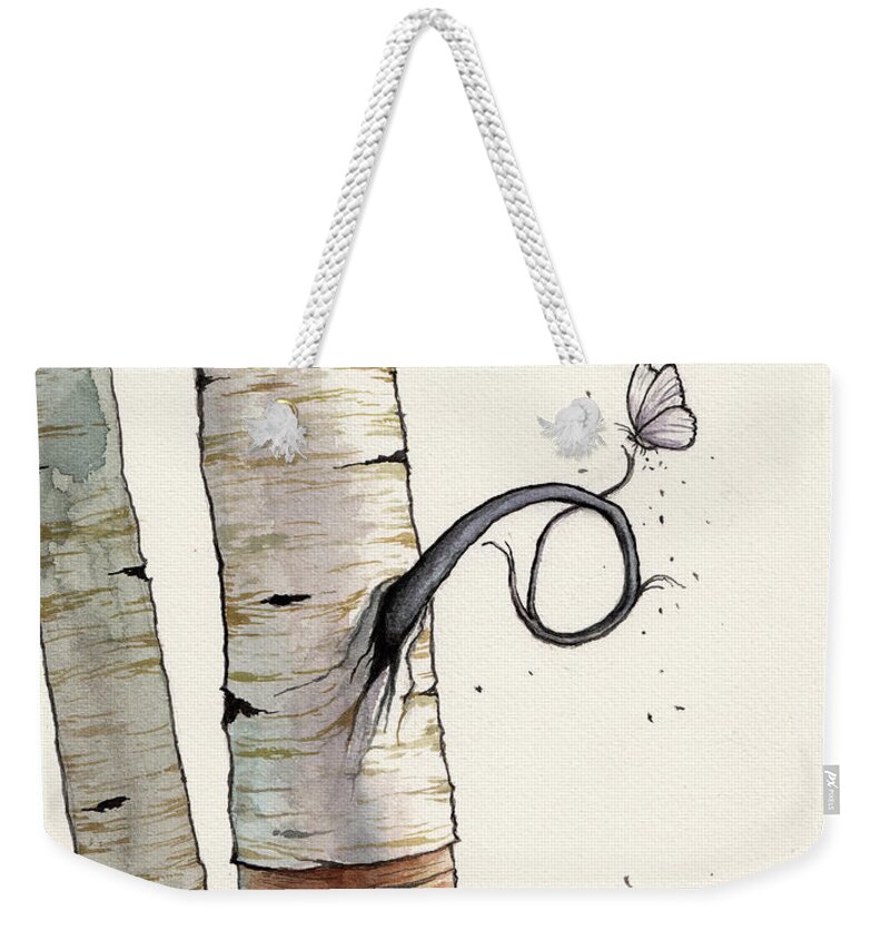 Birch Weekender Tote Bag featuring the painting Birch Tree meets White Butterfly by Christopher Shellhammer