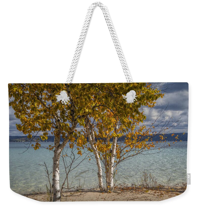 Art Weekender Tote Bag featuring the photograph Birch Trees along the shore of Crystal Lake by Randall Nyhof