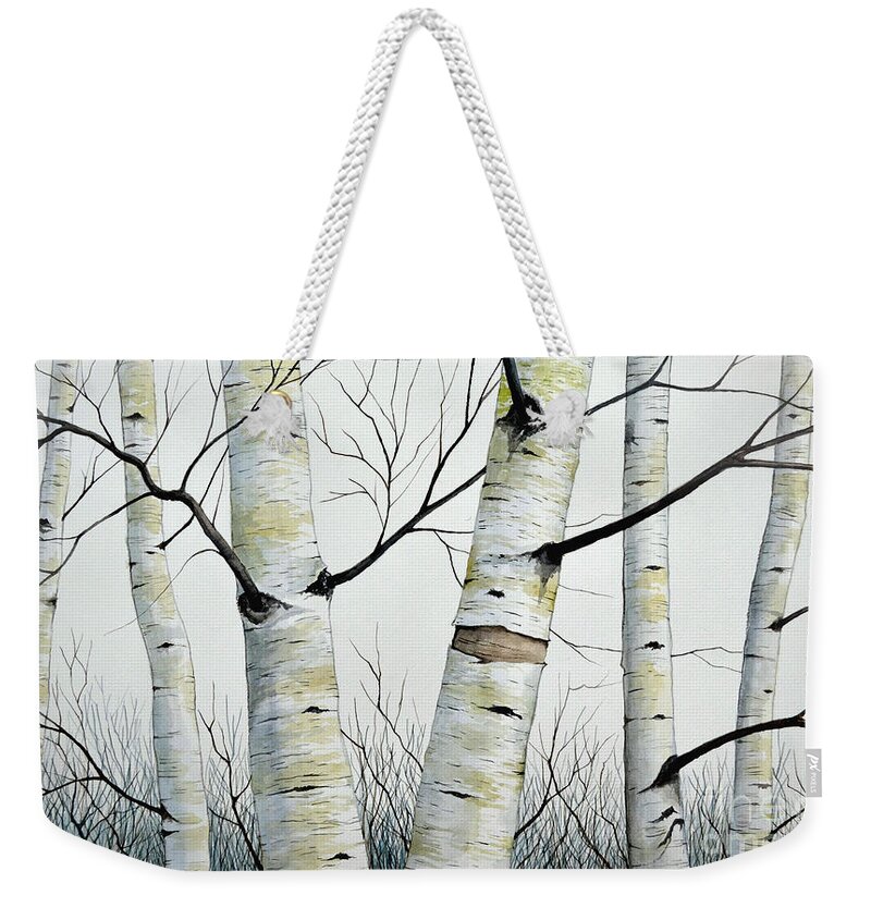 Birch Weekender Tote Bag featuring the painting Birch Trees in the Forest in watercolor by Christopher Shellhammer