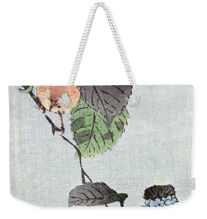 1890s Weekender Tote Bag featuring the painting Bird And Hydrangea by Granger