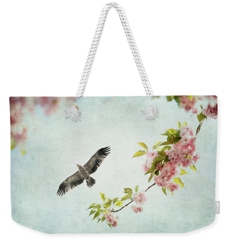 Pastel Weekender Tote Bag featuring the photograph Bird and Pink and Green Flowering Branch on Blue by Brooke T Ryan