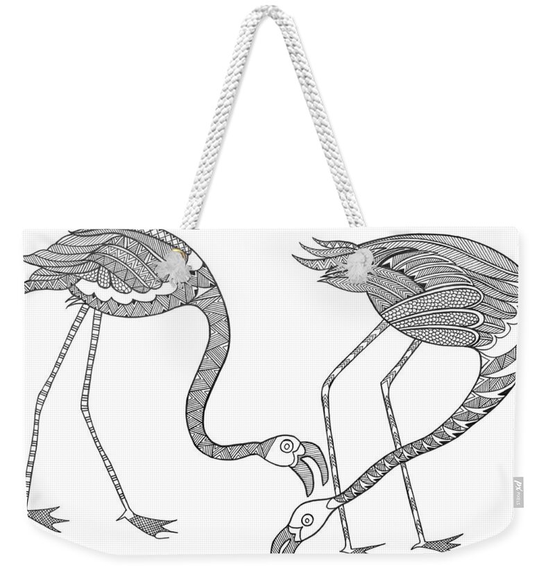 Neeti Goswami Weekender Tote Bag featuring the drawing Bird Flamingos 2 by MGL Meiklejohn Graphics Licensing