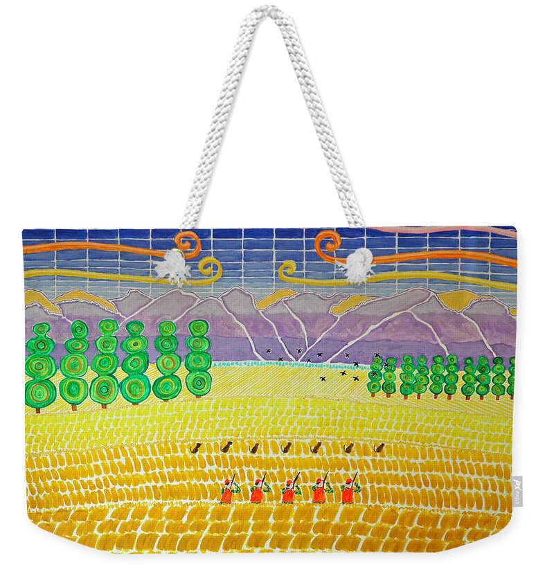 3d Weekender Tote Bag featuring the painting Bird Hunting Lower Valley with Chocolate Labs by Jesse Jackson Brown