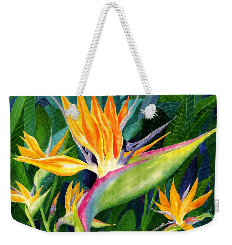Flower Paintings Weekender Tote Bag featuring the painting Bird-of-Paradise by Janis Grau