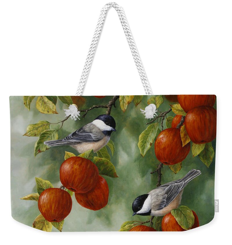 Birds Weekender Tote Bag featuring the painting Bird Painting - Apple Harvest Chickadees by Crista Forest