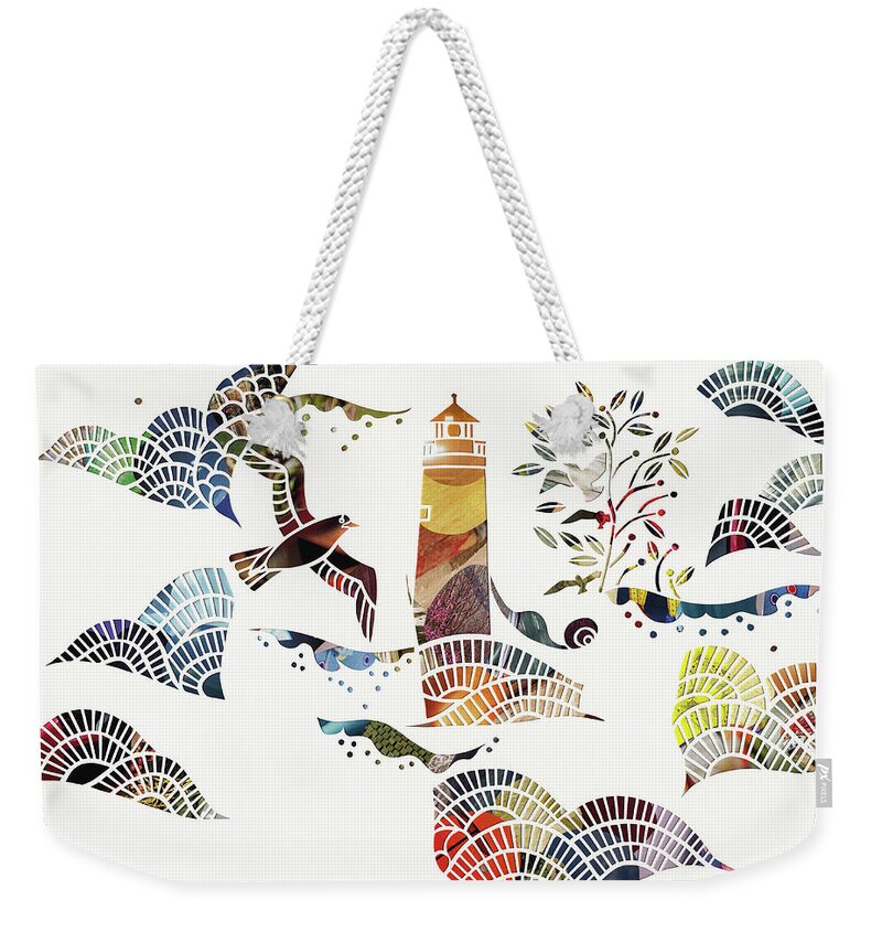 Abstract Weekender Tote Bag featuring the photograph Birds And Waves Around Lighthouse At Sea by Ikon Ikon Images