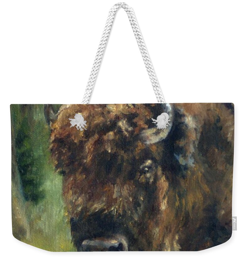 Lori Brackett Weekender Tote Bag featuring the painting Bison Study - Zero Three by Lori Brackett