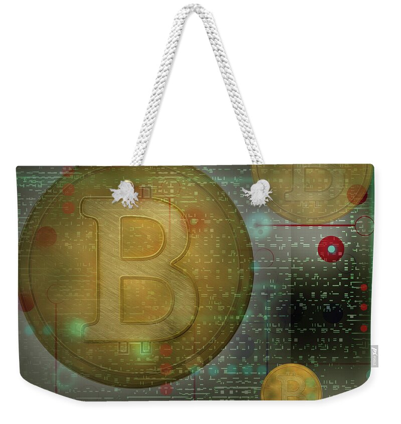 Abstract Weekender Tote Bag featuring the photograph Bitcoins Connected By Computer Coding by Ikon Ikon Images