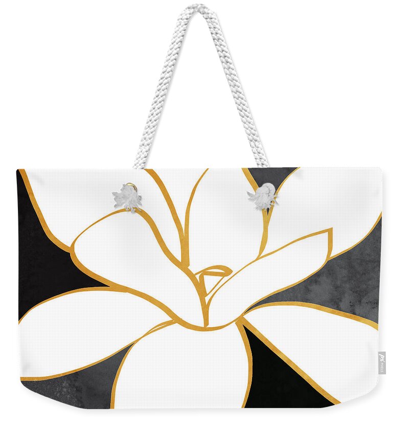 Magnolia Weekender Tote Bag featuring the painting Black and Gold Magnolia- floral art by Linda Woods