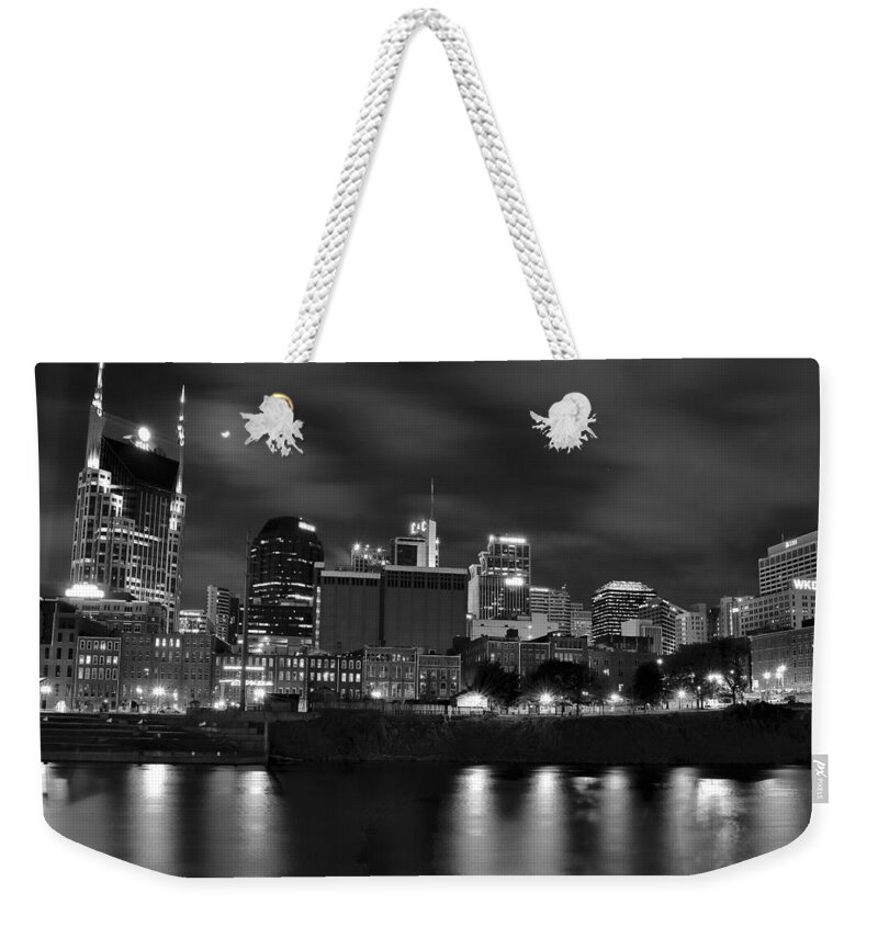 Nashville Weekender Tote Bag featuring the photograph Black and White Night in Nashville by Frozen in Time Fine Art Photography