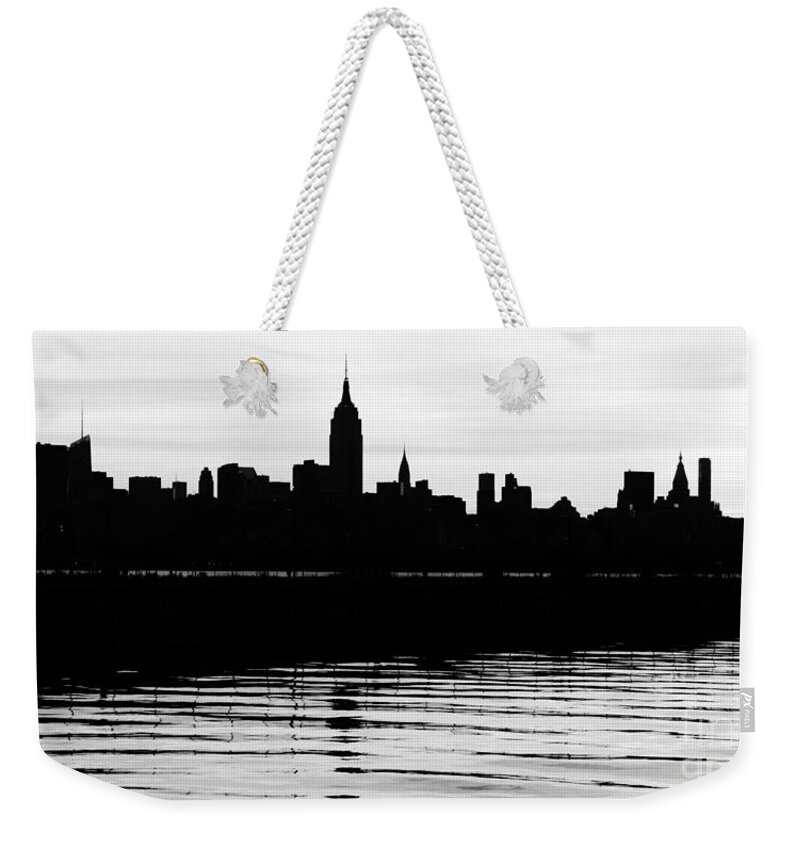 Black And White Weekender Tote Bag featuring the photograph Black and White NYC Morning Reflections by Lilliana Mendez