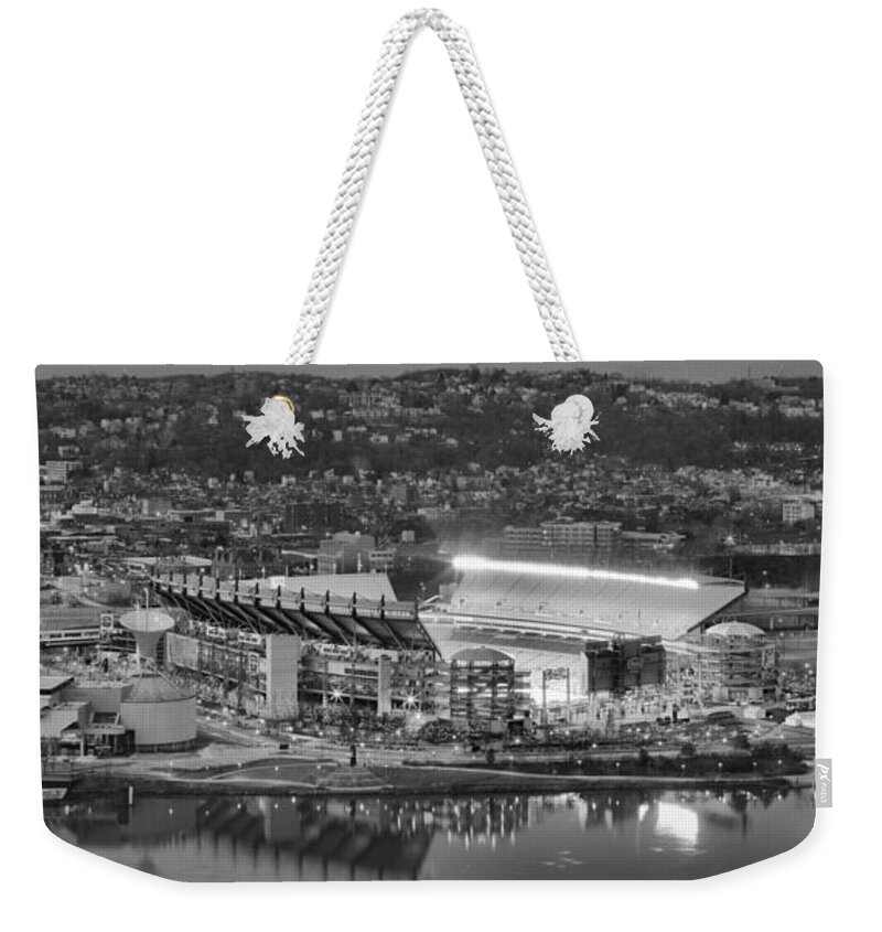 Heinz Field Black And White Weekender Tote Bag featuring the photograph Black And White Reflections On The North Shore by Adam Jewell