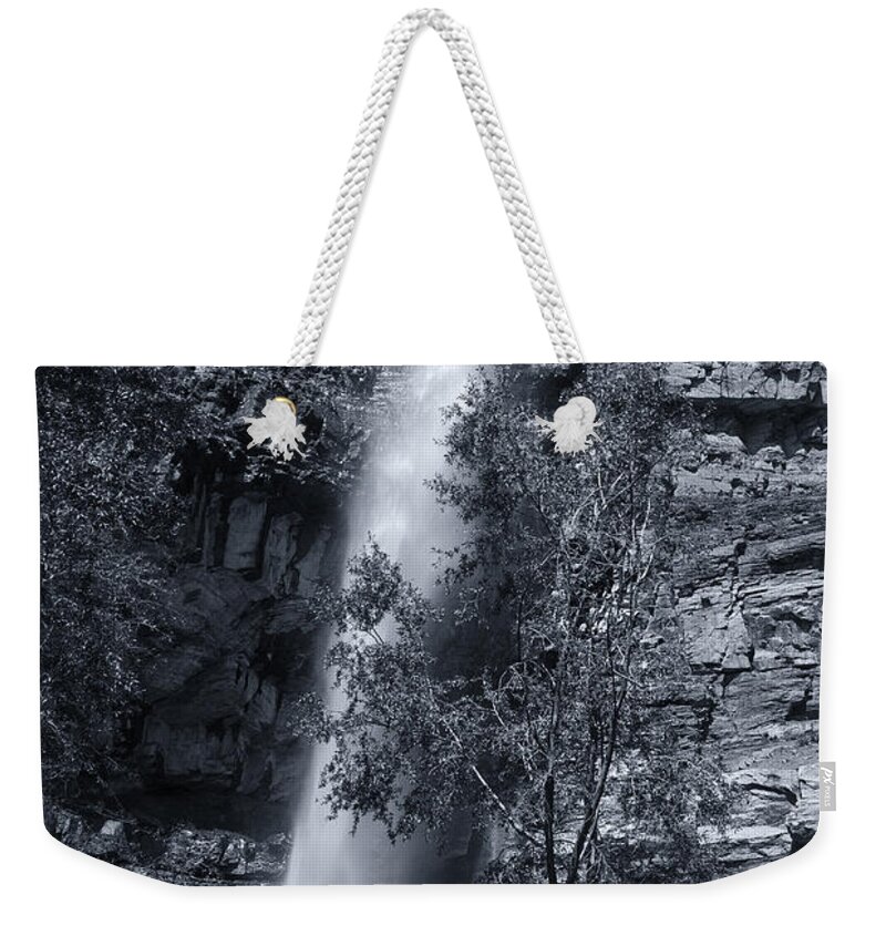 B&w Weekender Tote Bag featuring the photograph Black and White Waterfall by Melany Sarafis