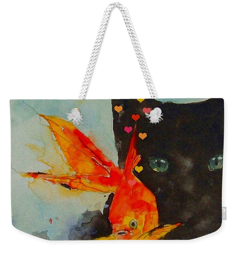 Black Cat Weekender Tote Bag featuring the painting Black Cat and the Goldfish by Paul Lovering