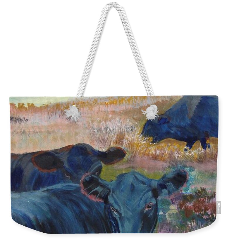 Cow Weekender Tote Bag featuring the painting Black Cows on Dartmoor by Mike Jory