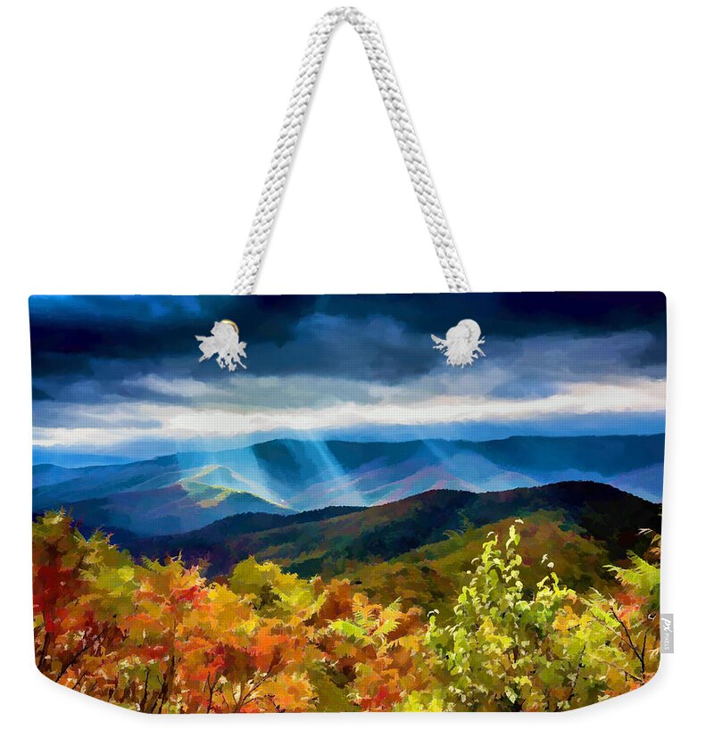 Nc Weekender Tote Bag featuring the painting Black Mountains Overlook on the Blue Ridge Parkway by John Haldane