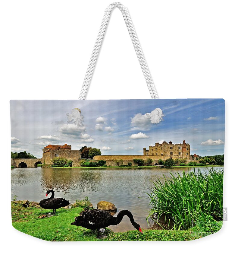 Leeds Castle Weekender Tote Bag featuring the photograph Black Swans at Leeds Castle by Bel Menpes