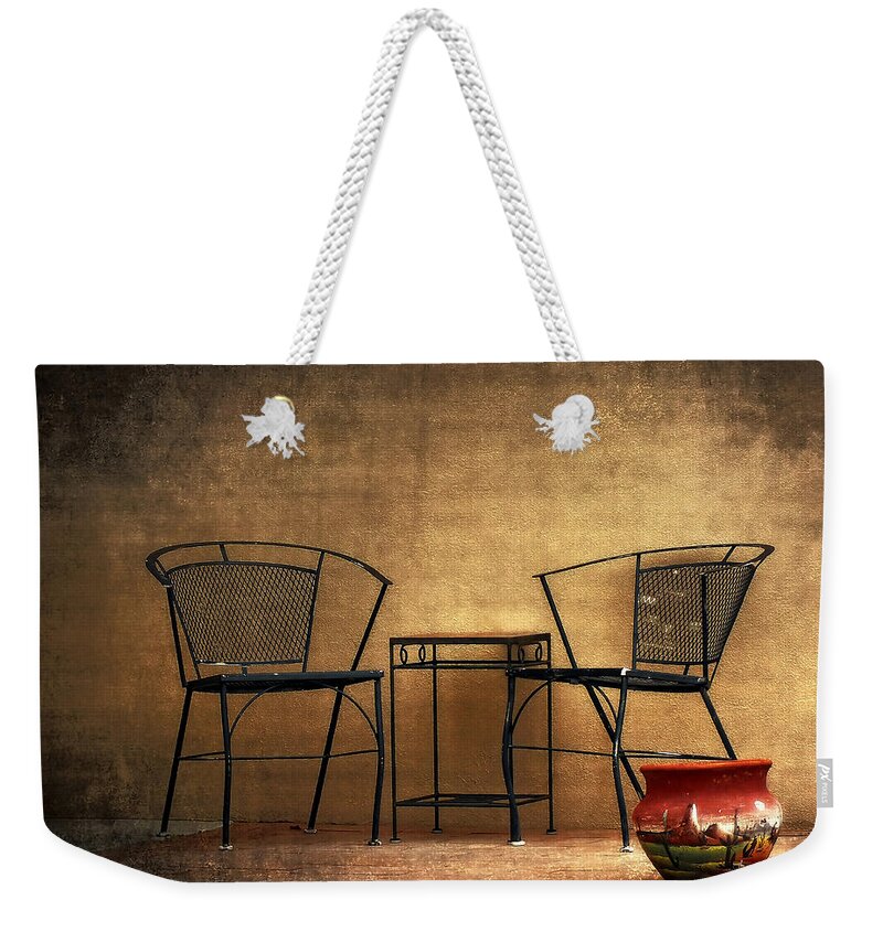 Chairs Weekender Tote Bag featuring the photograph Black Table and Chairs by Lucinda Walter