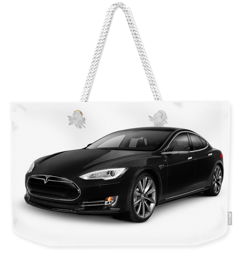 Tesla Weekender Tote Bag featuring the photograph Black Tesla Model S red luxury electric car by Maxim Images Exquisite Prints