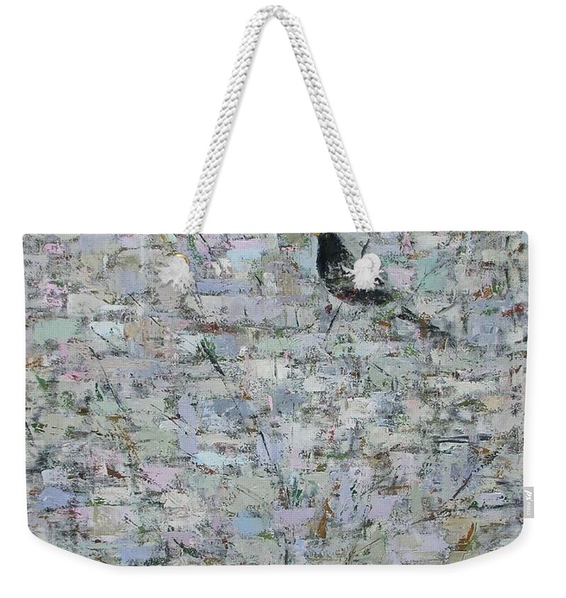 Blackbird Weekender Tote Bag featuring the photograph Blackbird In Tree, 2012, Oil On Canvas by Ruth Addinall