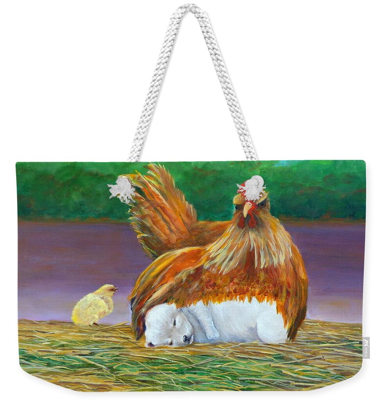 Hen Painting Weekender Tote Bag featuring the painting Blame It On Your Parent by Deborah Naves