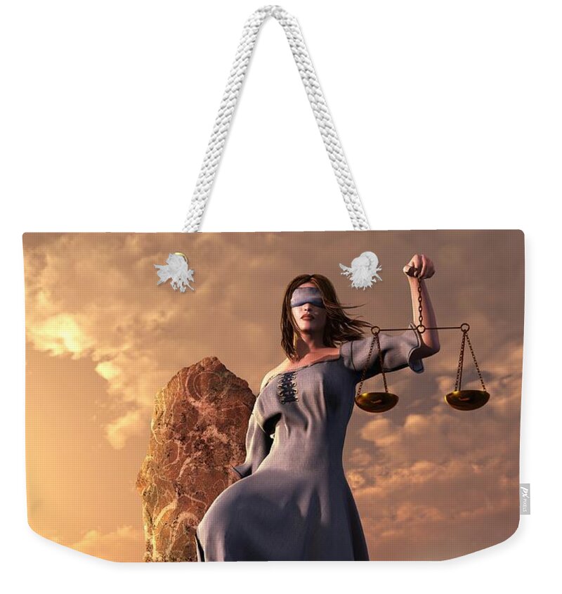 Justice Weekender Tote Bag featuring the digital art Blind Justice with Scales and Sword by Daniel Eskridge