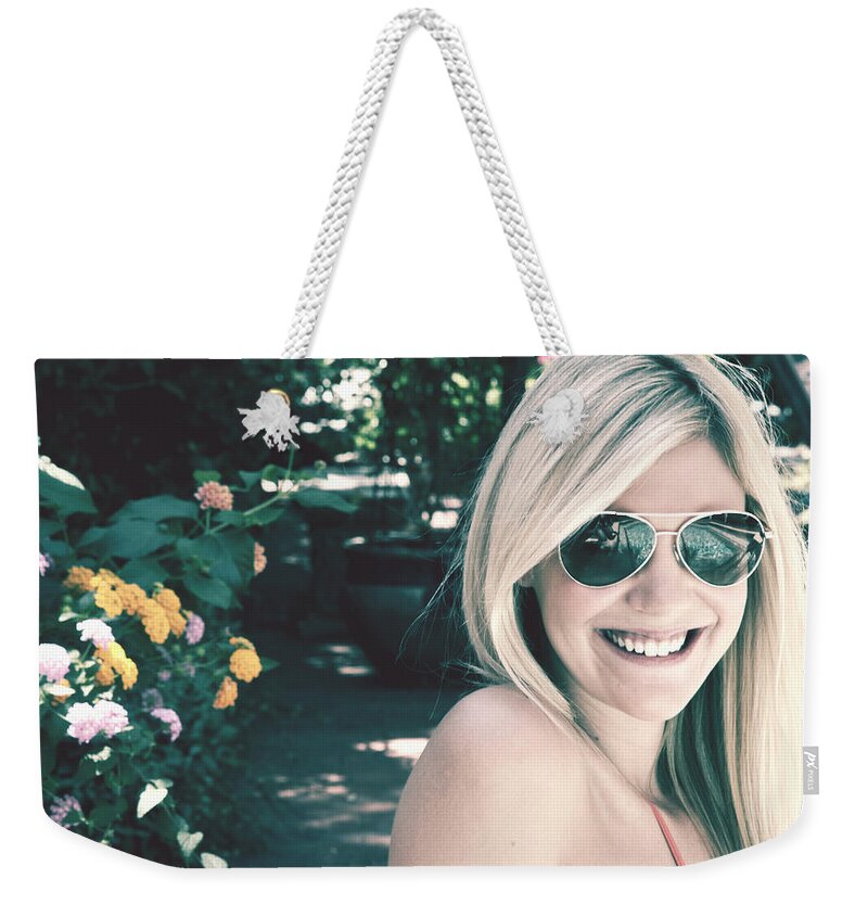 Girl Weekender Tote Bag featuring the photograph Blonde Girl with Sunglasses by Jan Marvin by Jan Marvin