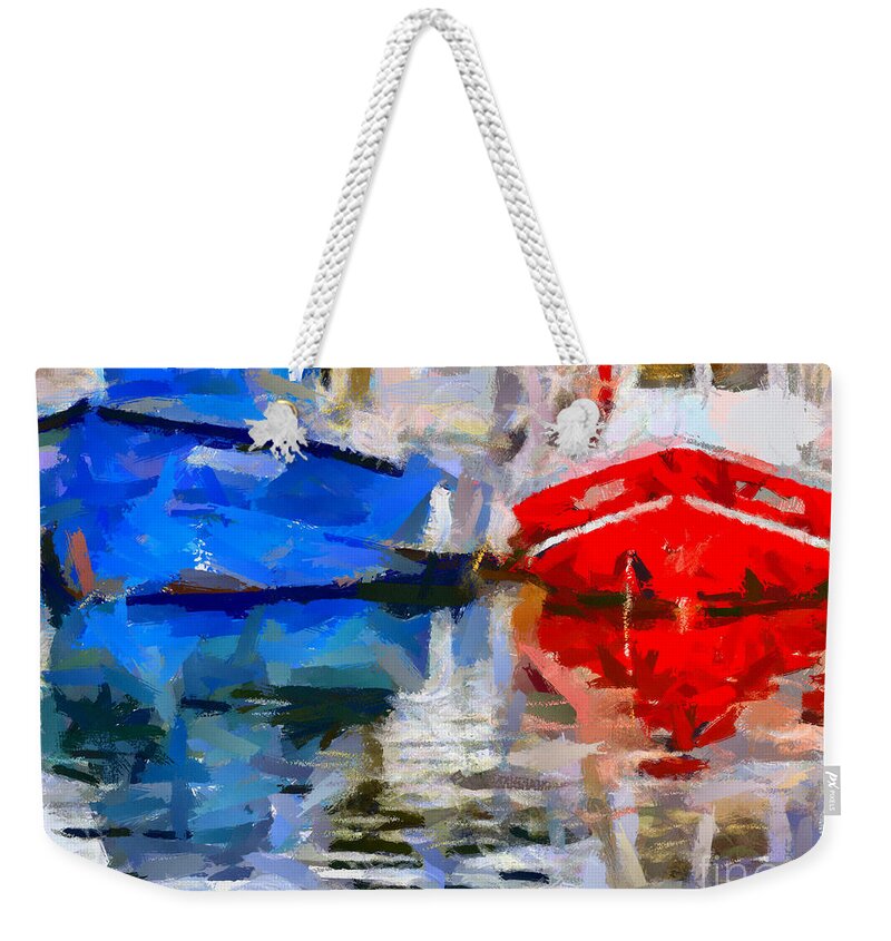 Seascape Weekender Tote Bag featuring the painting Blue and Red by Dragica Micki Fortuna