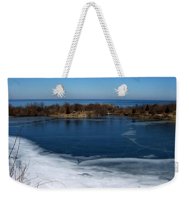 Rock Quarry Rockport Weekender Tote Bag featuring the photograph Blue And White by Catherine Gagne