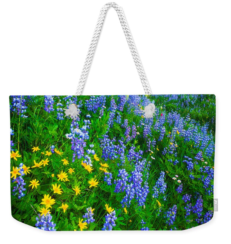 America Weekender Tote Bag featuring the photograph Blue and Yellow Hillside by Inge Johnsson