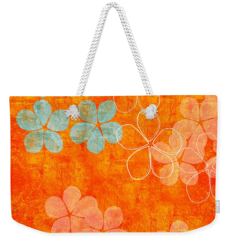 Abstract Weekender Tote Bag featuring the painting Blue Blossom on Orange by Linda Woods