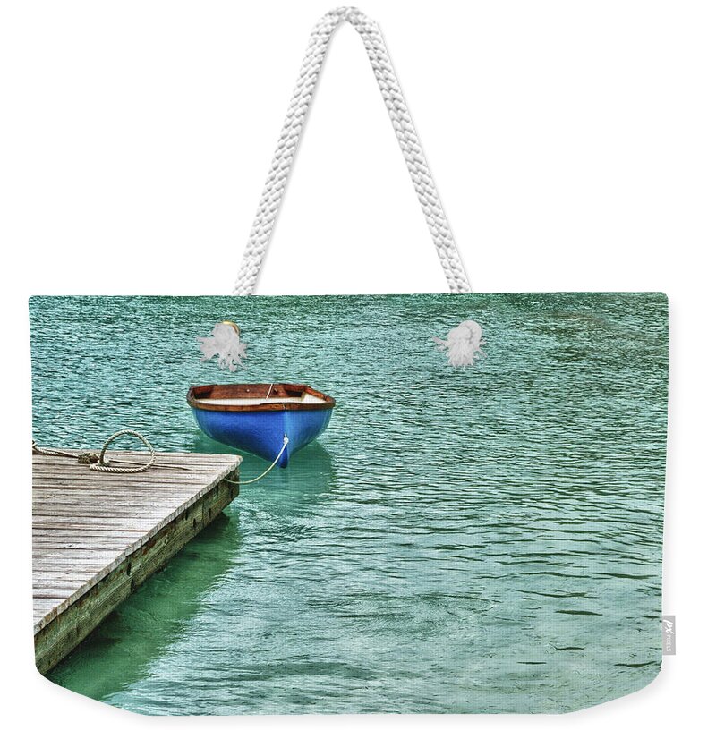 Blue Weekender Tote Bag featuring the digital art Blue Boat Off Dock by Michael Thomas