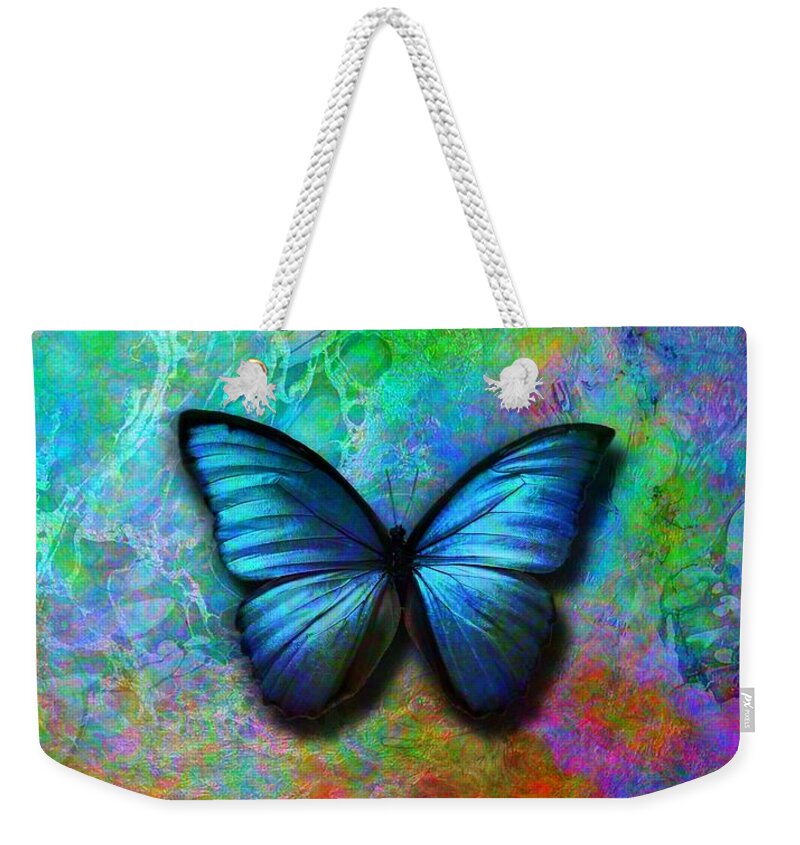 Blue Butterfly Weekender Tote Bag featuring the digital art Blue Butterfly on colorful background by Lilia D