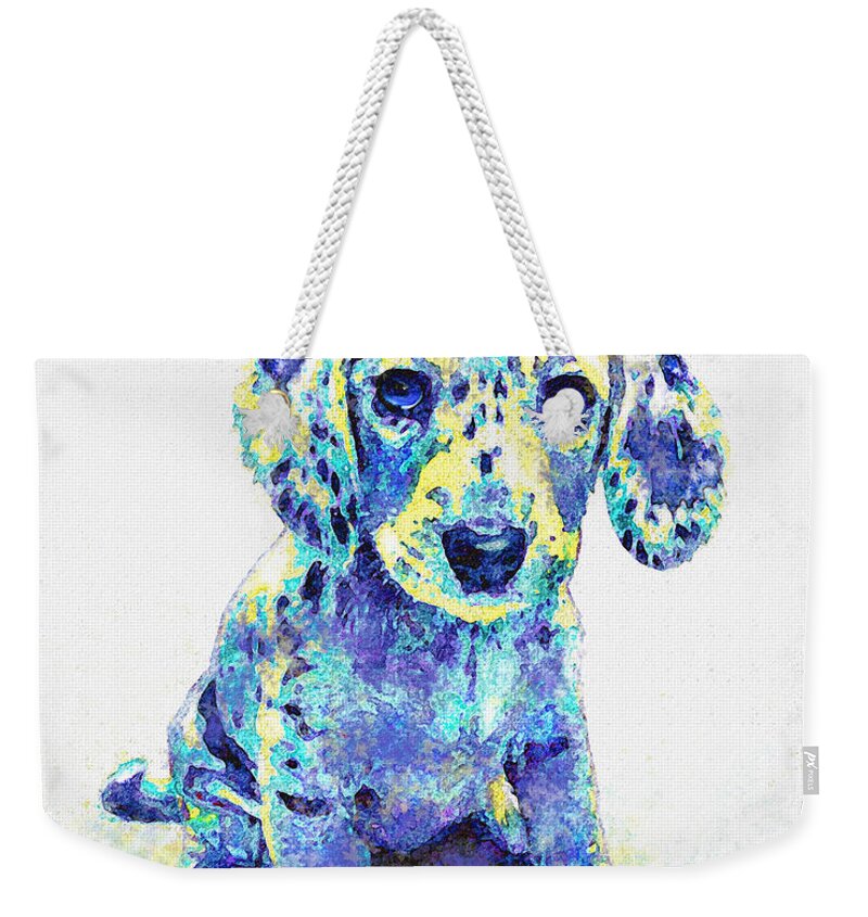 Jane Schnetlage Weekender Tote Bag featuring the digital art Blue Dapple Dachshund Puppy by Jane Schnetlage