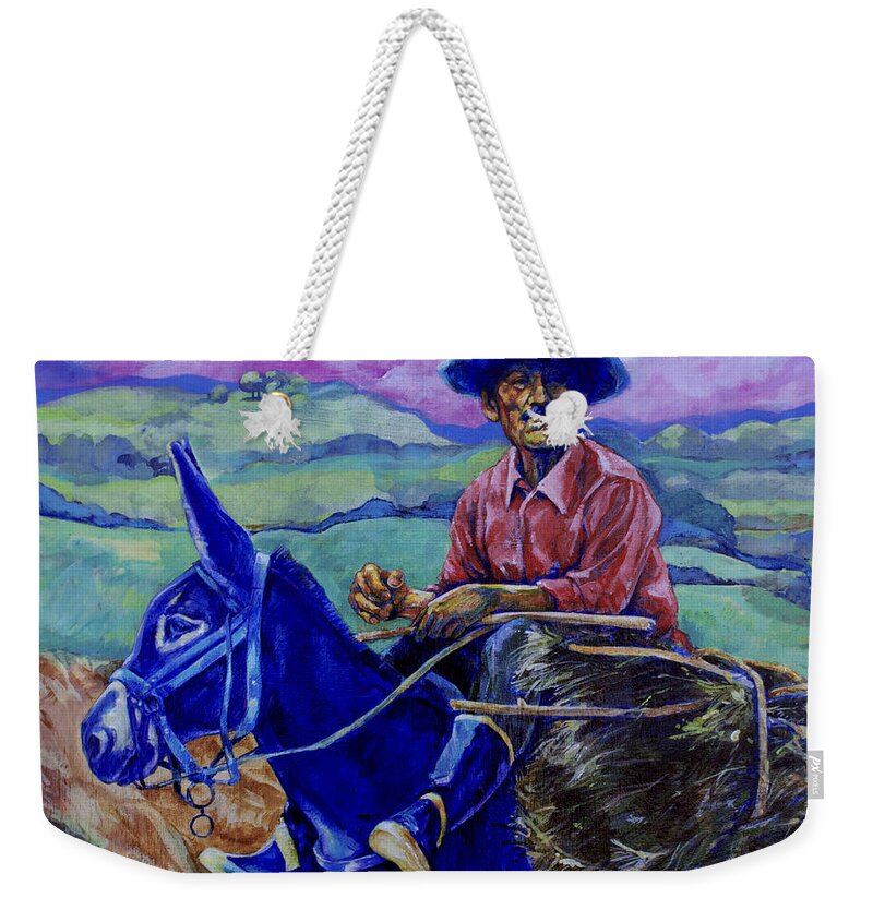 Donkey Weekender Tote Bag featuring the painting Blue Donkey by Derrick Higgins