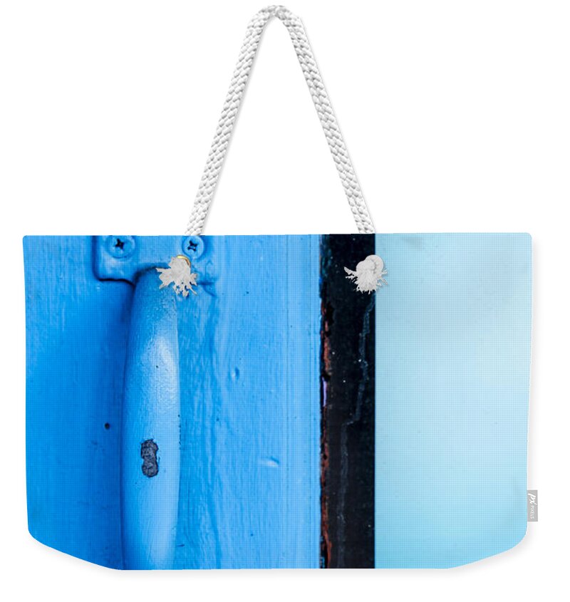 Door Weekender Tote Bag featuring the photograph Blue Door Handle by Carolyn Marshall