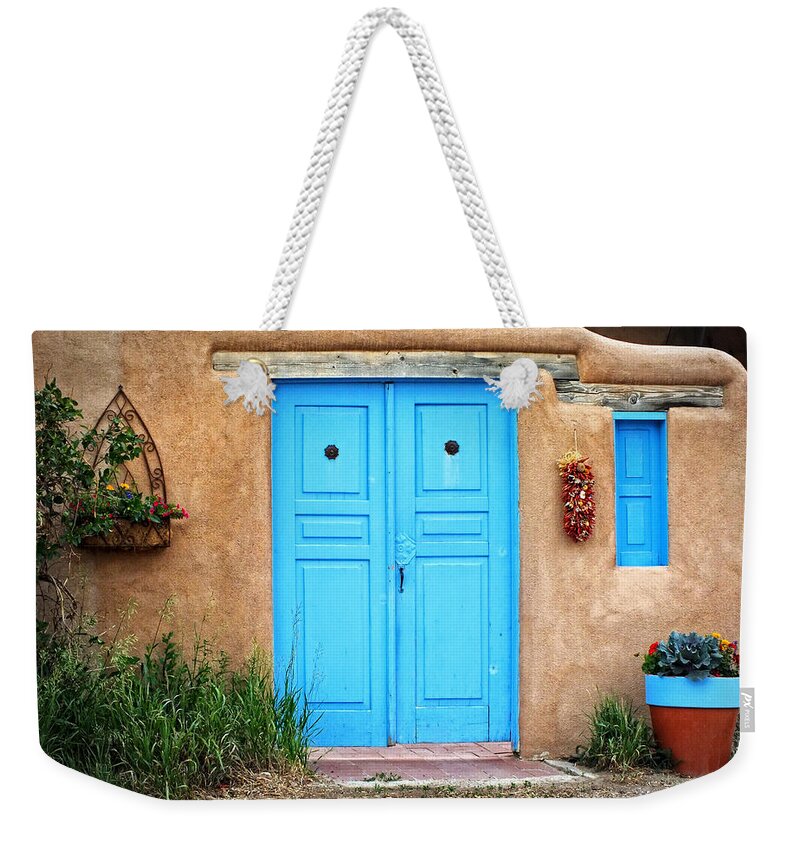 Lucinda Walter Weekender Tote Bag featuring the photograph Blue Doors of Taos by Lucinda Walter