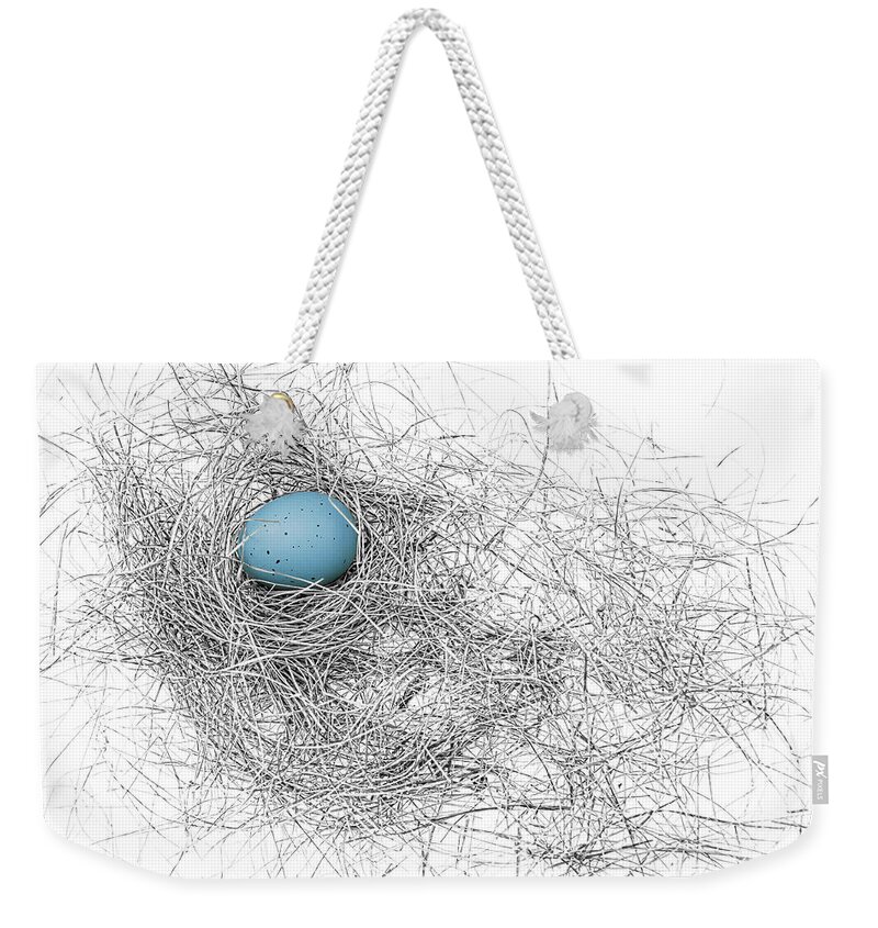 Bird Nest Weekender Tote Bag featuring the photograph Blue Egg in Bird Nest Monochrome by Jennie Marie Schell
