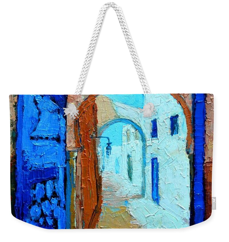 Landscape Weekender Tote Bag featuring the painting Blue Gate by Ana Maria Edulescu