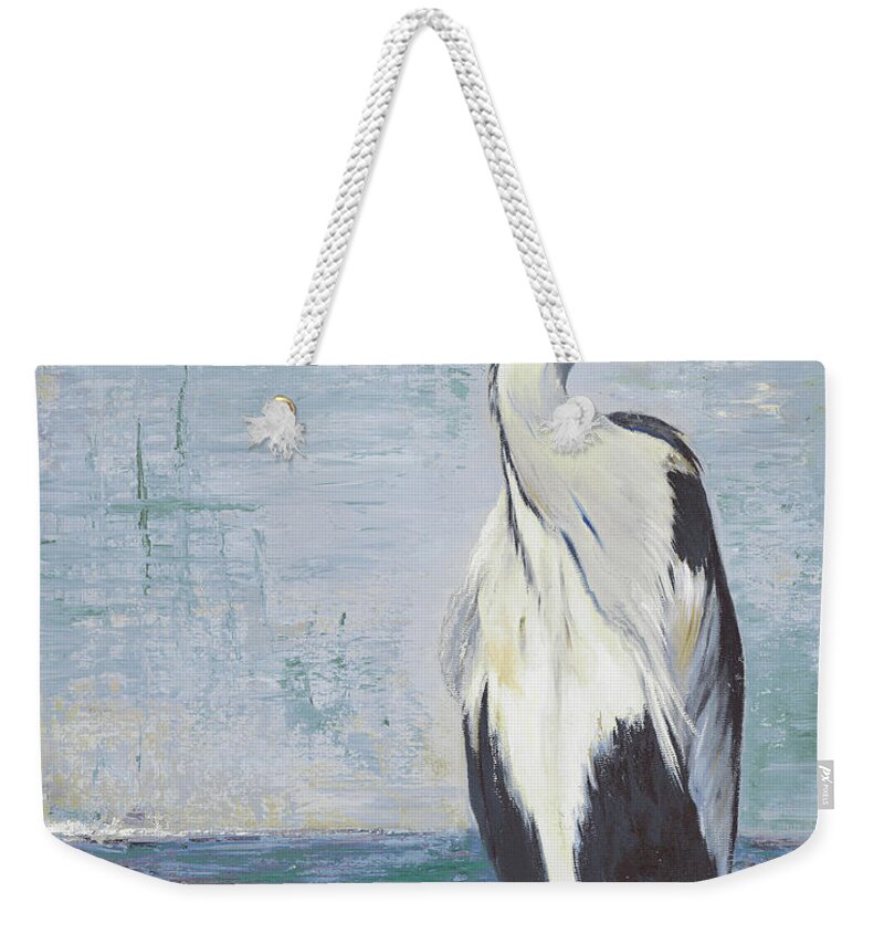 Blue Weekender Tote Bag featuring the painting Blue Heron On Blue II by Patricia Pinto