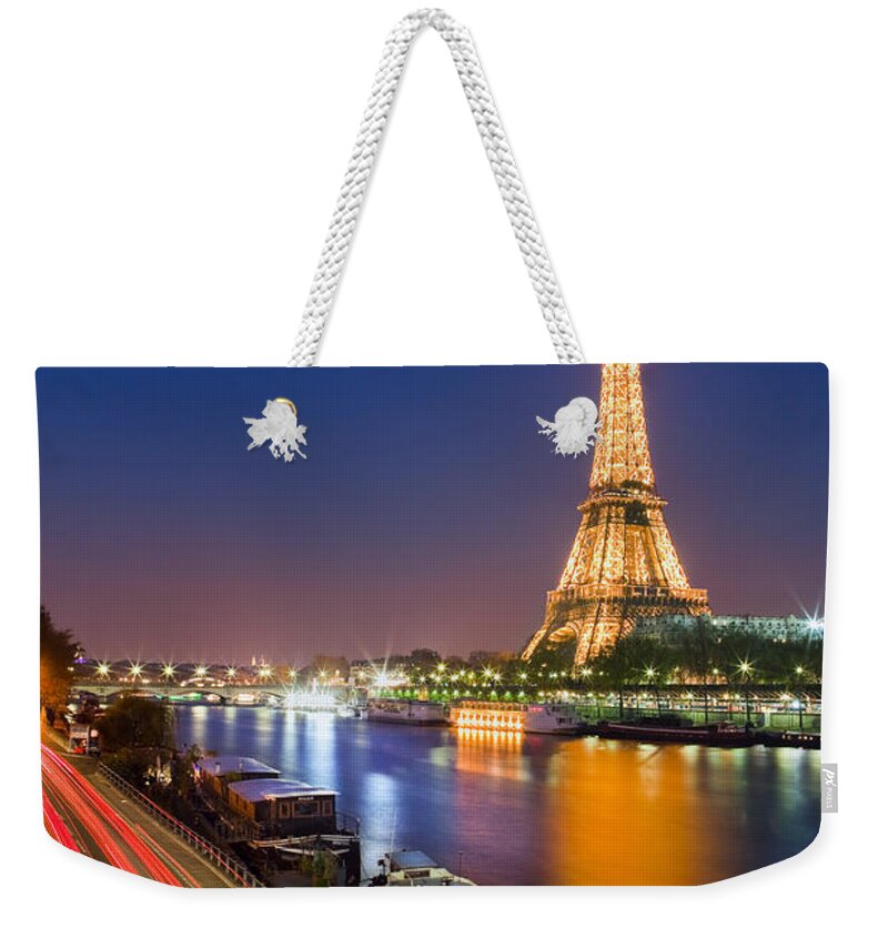 Europe Weekender Tote Bag featuring the photograph Blue Hour in Paris with the Eiffeltower by Henk Meijer Photography