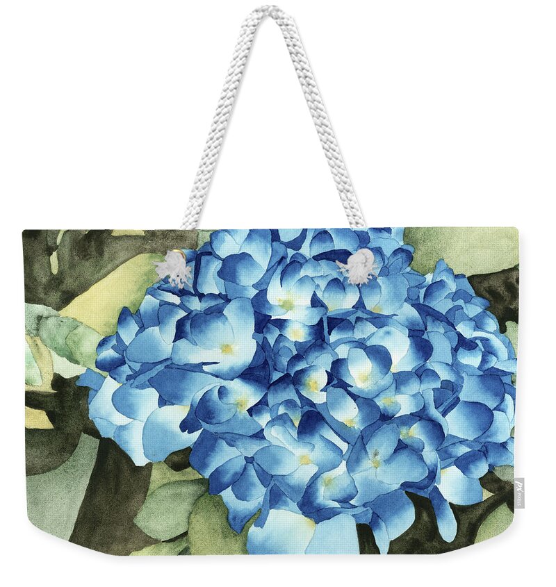 Blue Weekender Tote Bag featuring the painting Blue Hydrangeas by Ken Powers