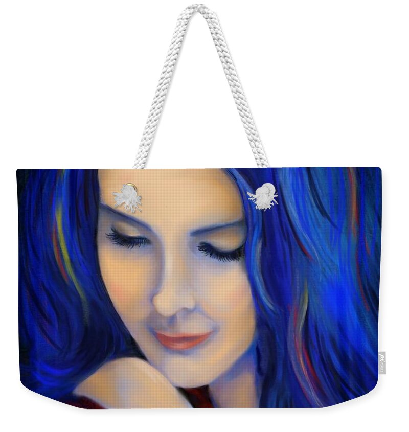 Girl Weekender Tote Bag featuring the painting Blue Pensive by Debi Starr