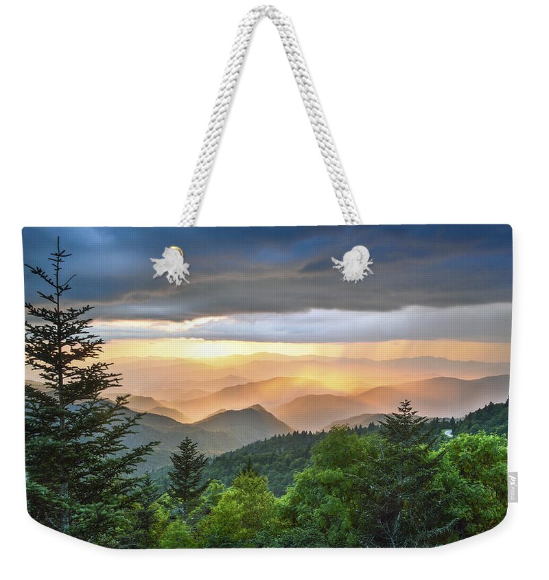 Clouds Weekender Tote Bag featuring the photograph Blue Ridge Parkway NC - Golden Rainbow by Robert Stephens