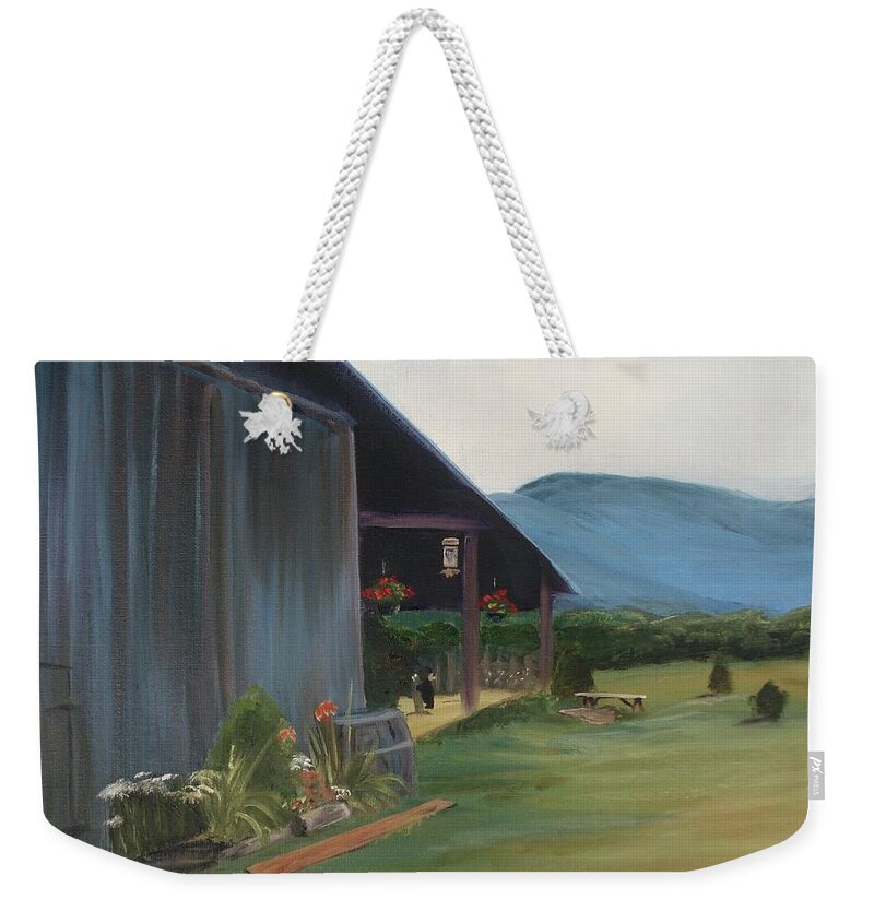 Blue Ridge Weekender Tote Bag featuring the painting Blue Ridge Vineyard by Donna Tuten
