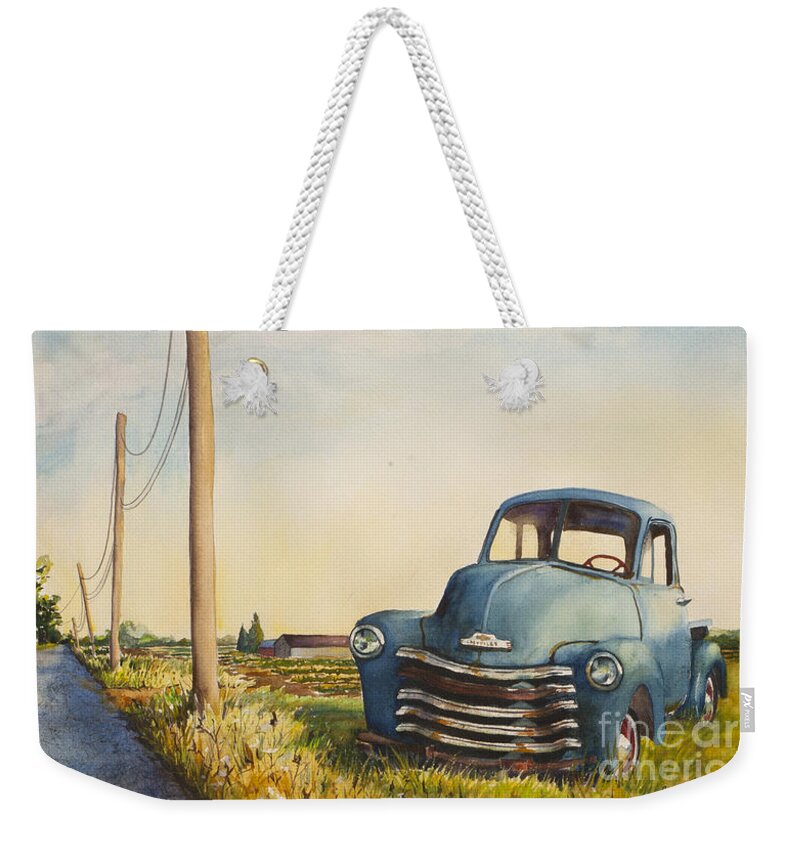 Blue Truck Weekender Tote Bag featuring the painting Blue Truck North Fork by Susan Herbst